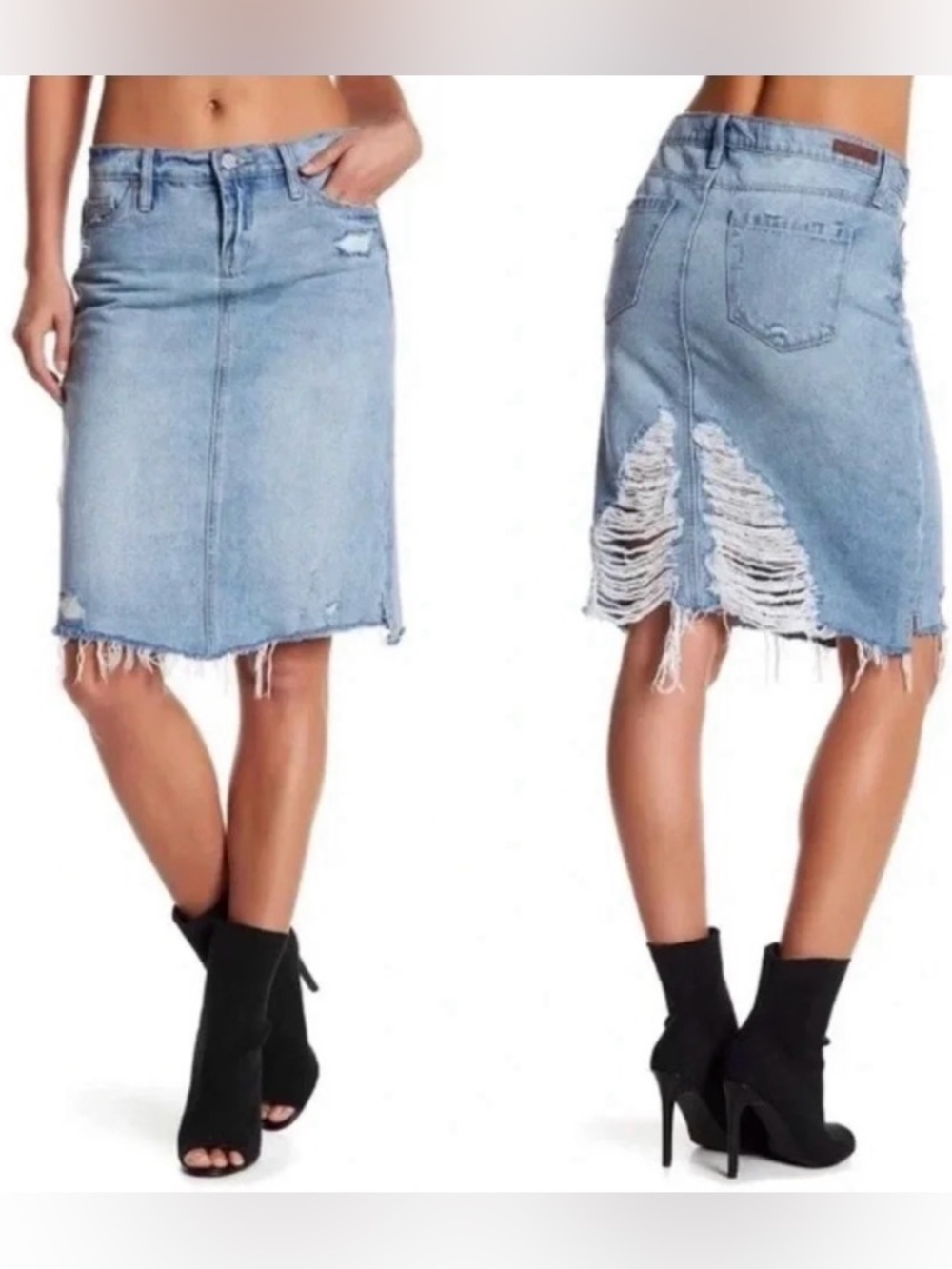 Blank NYC Faded Light Blue Distressed Denim Skirt